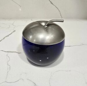Vintage MCM 1960s Cobalt Blue Italian Morinox Silver Plated Apple Sugar Bowl